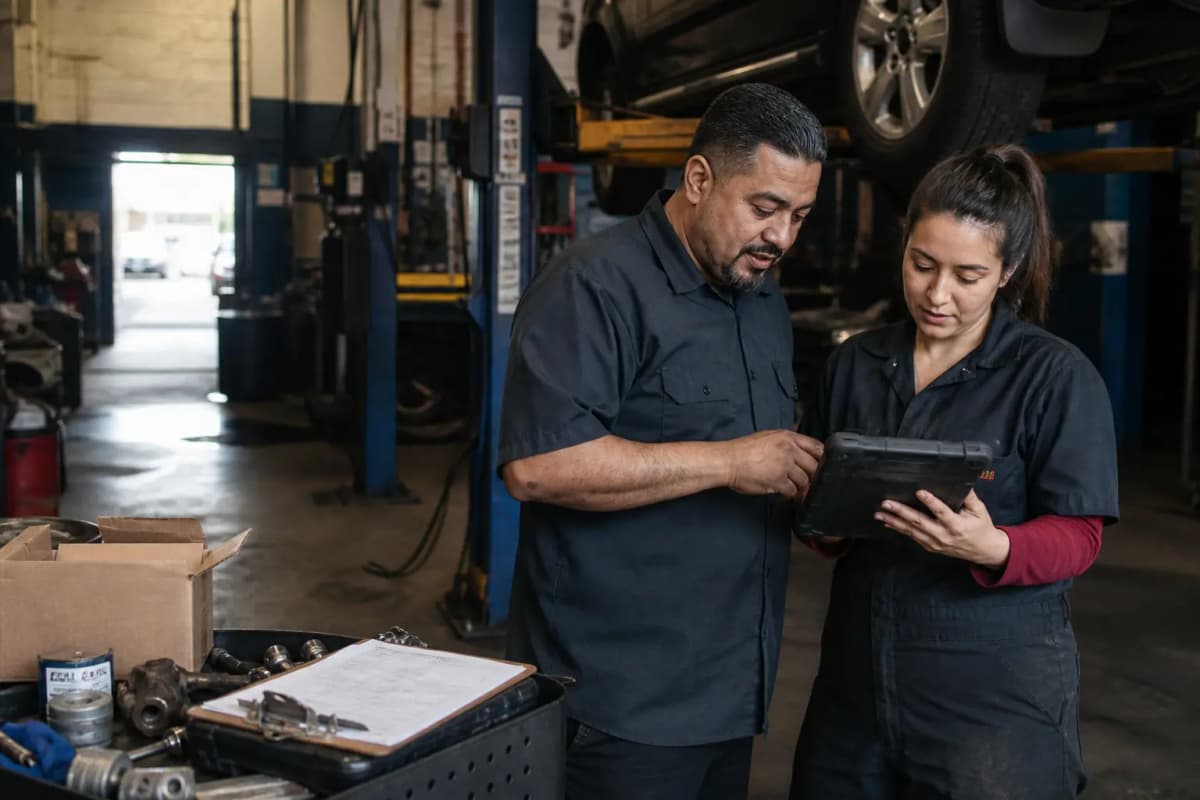 An auto-shop service writer and technician reviewing vehicle notes on a rugged tablet