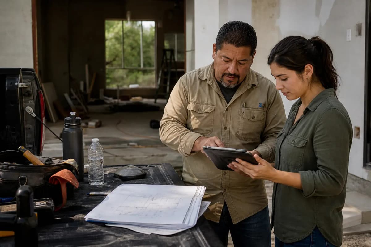 A contractor and project coordinator reviewing plans on a tablet at an active renovation
