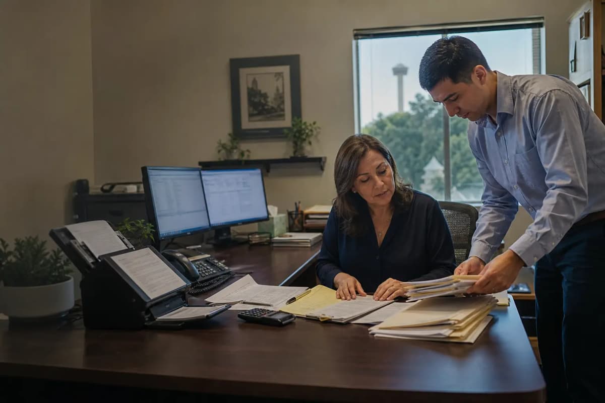 Two professional-office staff members organizing client files at a working desk