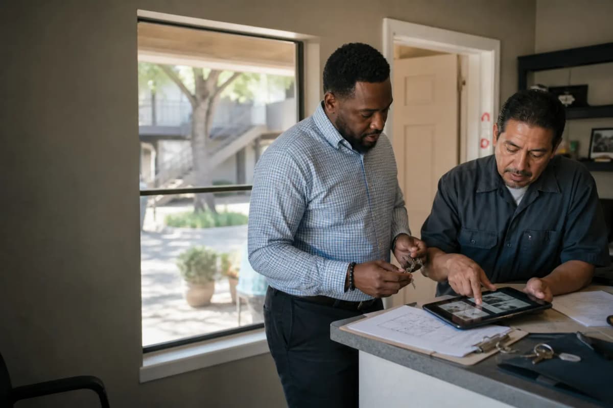 A property manager and maintenance coordinator reviewing keys and repair records