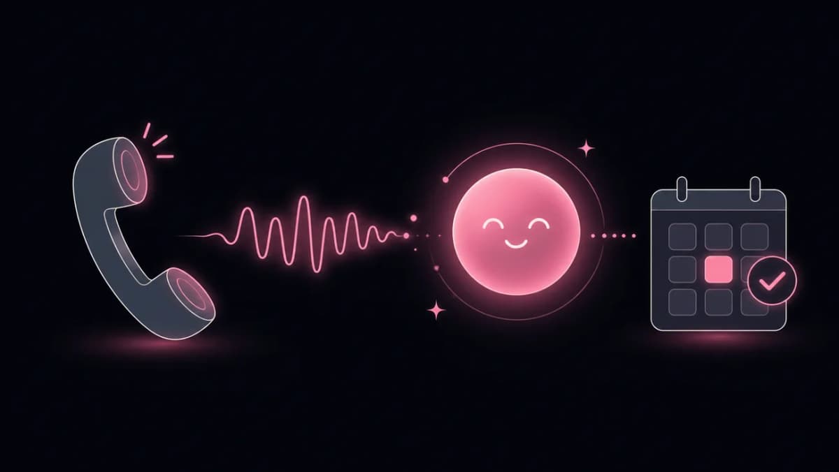 Cadence answering a call: a phone, a natural speech waveform into a friendly assistant, and a booked appointment