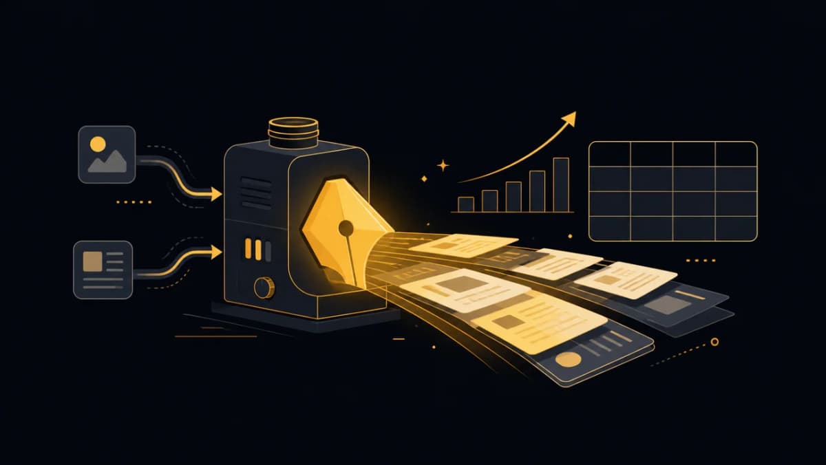 Golden content engine: feeds coming in, a stream of on-brand articles and posts flowing out, with a growth chart and a schedule