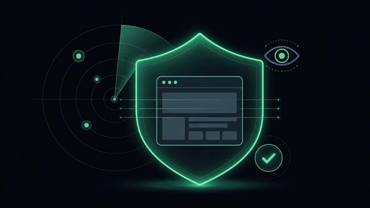 Warden watching a website: a green shield protecting a site, a radar sweep, and a verified checkmark