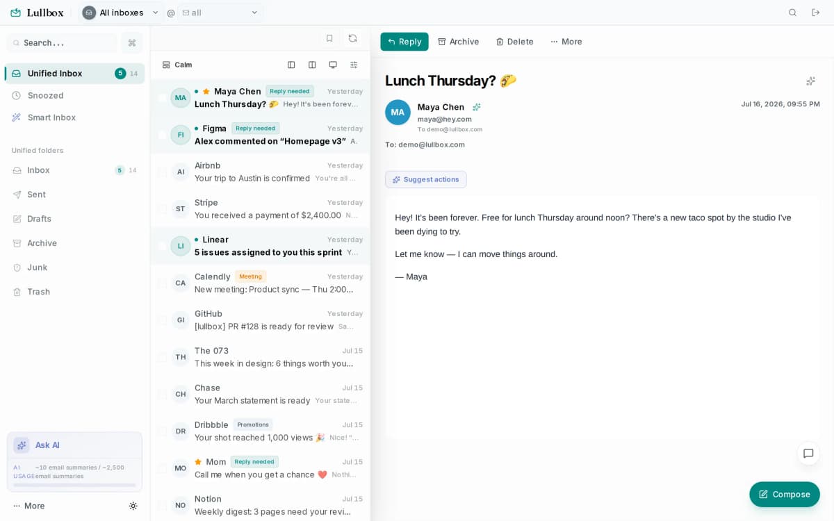 Lullbox inbox interface — one of the products we build and operate