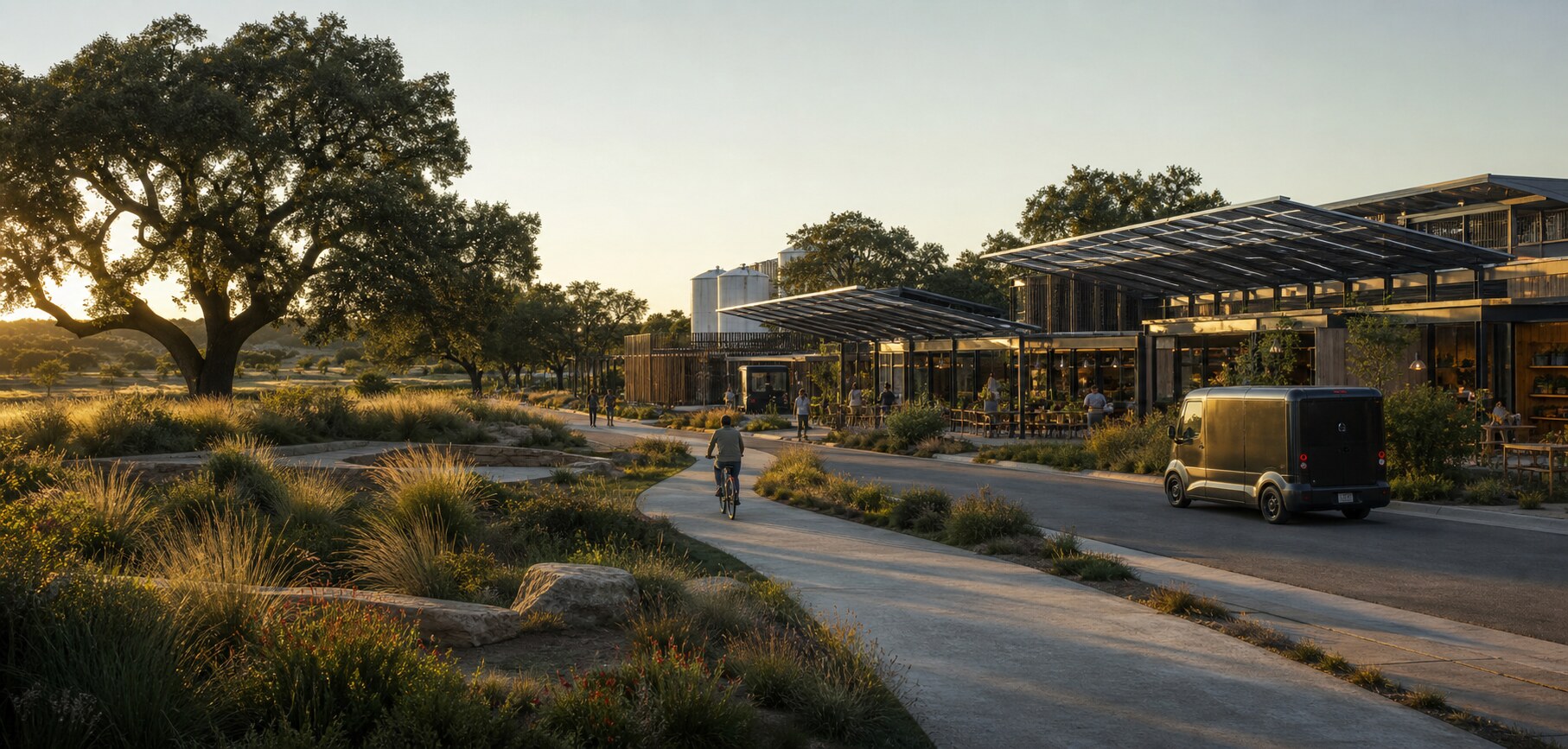 A human-scale community where native Texas landscape, solar-powered local spaces, walking, cycling, and practical delivery infrastructure work together.