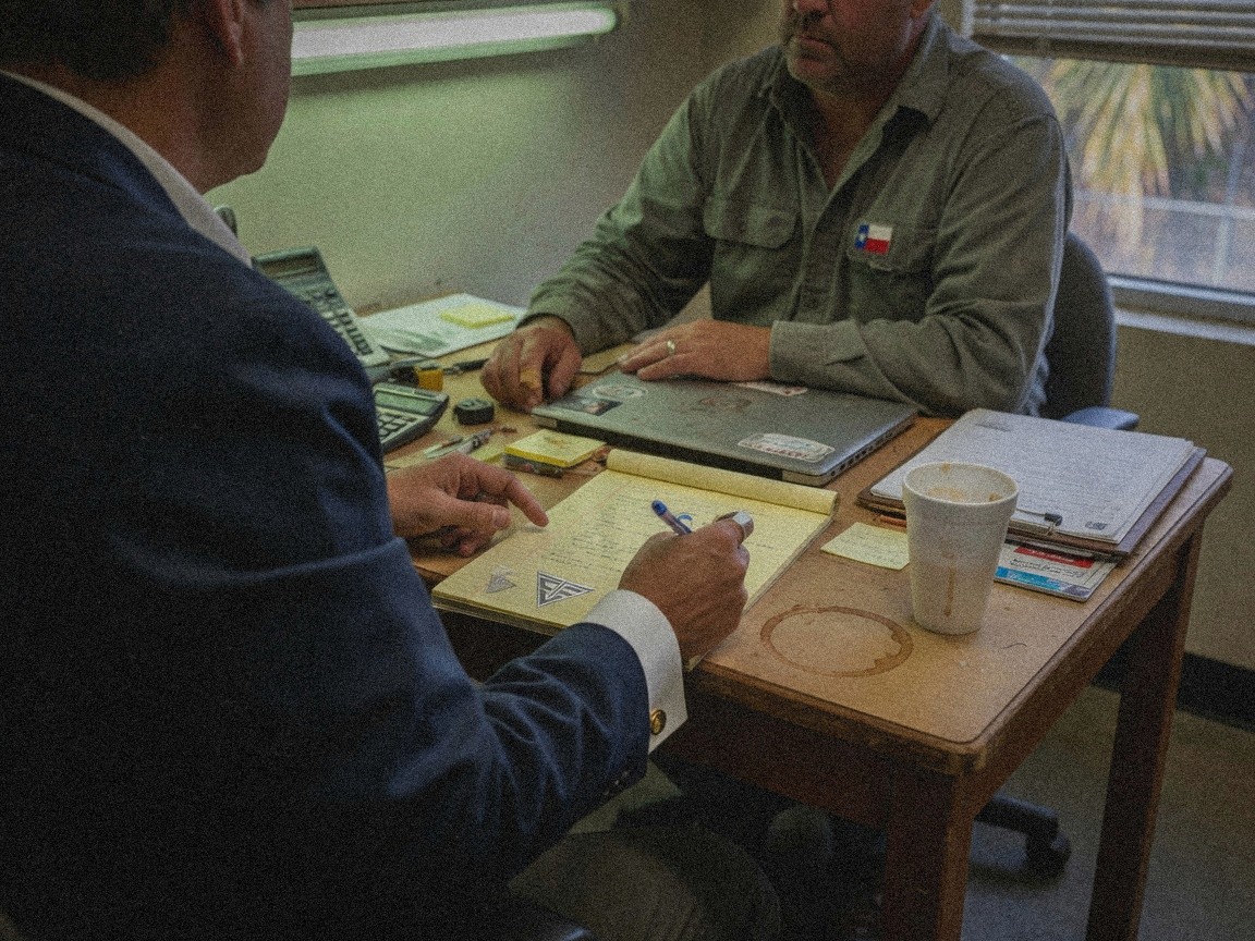 Field visit: consultant taking notes with a client at a work desk