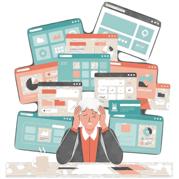 Person overwhelmed by too many software tools and apps